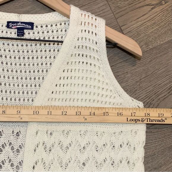 FRESHMAN Crochet Vest Women’s XL 16 Cream Open Front Side Slits. Duster. - Picture 9 of 11